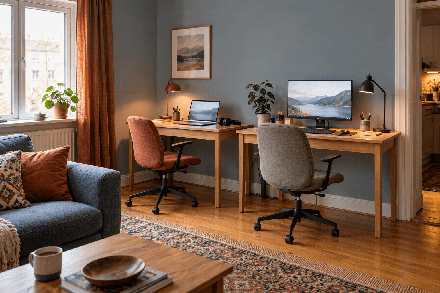 Two separate desks with adjustable chairs beside a blue sofa in a small apartment living room.