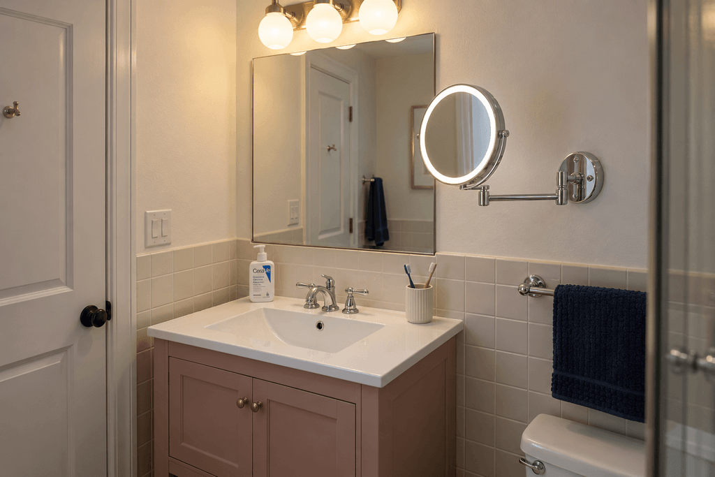 Round illuminated grooming mirror on a chrome wall arm beside the main mirror above a small pink bathroom vanity.