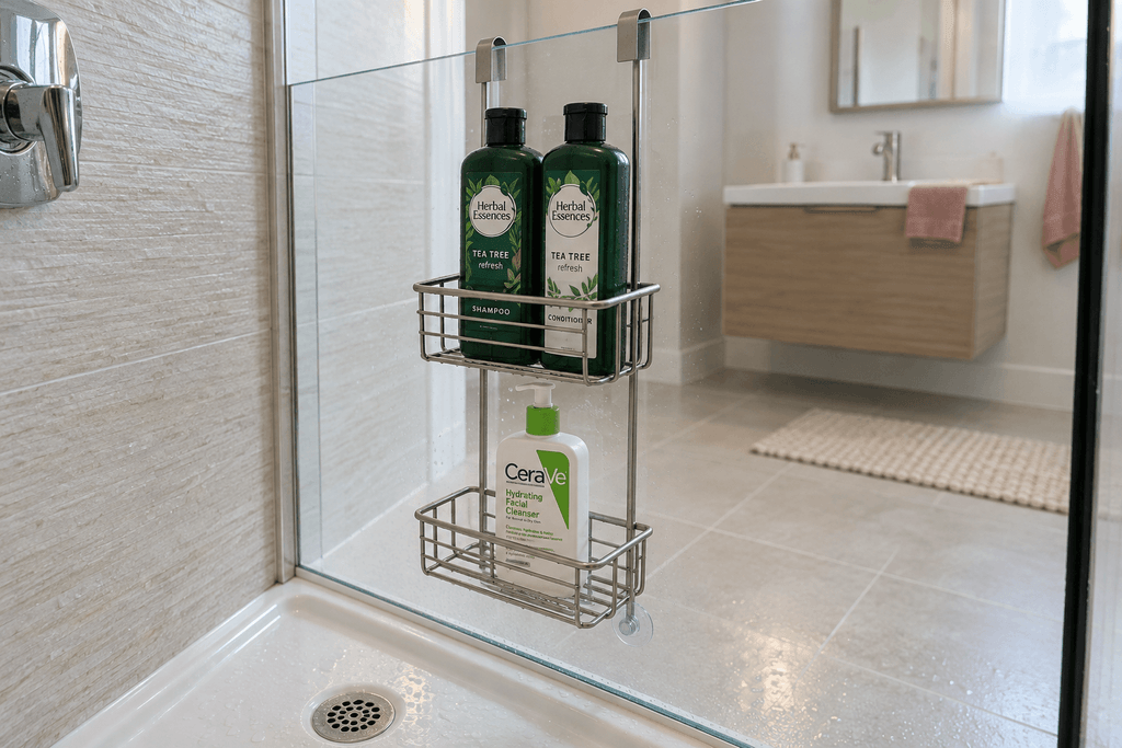 Shower caddy hanging inside a fixed glass panel, with toiletries above the shower tray and the bathroom vanity visible beyond the glass.