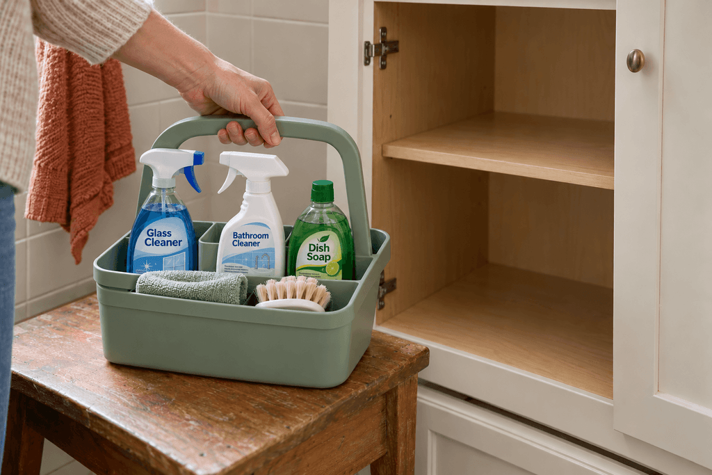 Hand holding a sage-green cleaning caddy with labeled cleaners, a cloth, and a scrub brush beside an open storage cabinet.