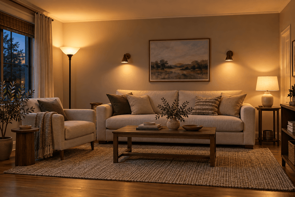 Dark living room brightened without overhead lighting using a torchiere floor lamp, wall sconces and a table lamp.