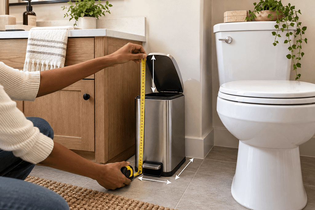 Person measuring a slim stainless steel bathroom trash can with its lid open between a wooden vanity and toilet to check available space and lid clearance.