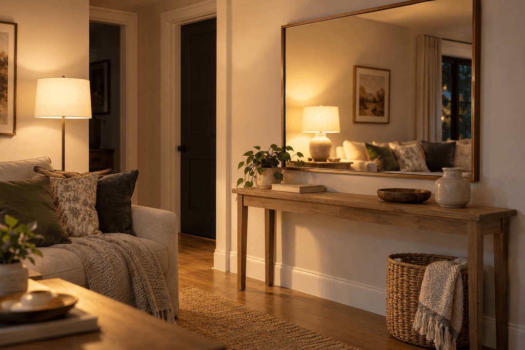 Large wall mirror reflecting a warm table lamp and illuminated wall to brighten a dark living room without overhead lighting.