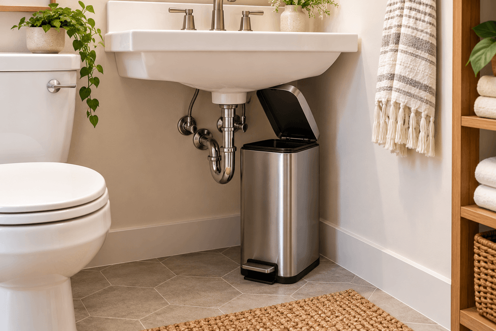 Stainless steel pedal trash can with its lid open beneath a wall-mounted bathroom sink, showing limited clearance between the lid, basin and exposed plumbing.