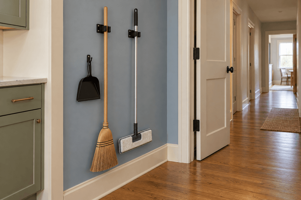 Broom, dry flat mop, and dustpan mounted on a blue wall beside a clear apartment hallway.