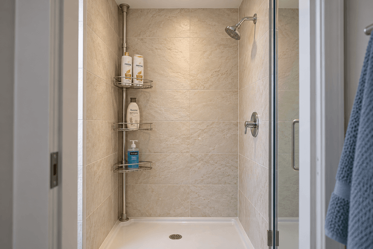 Small shower with textured ivory tiles and a floor-to-ceiling tension caddy holding toiletries beside a clear standing area.