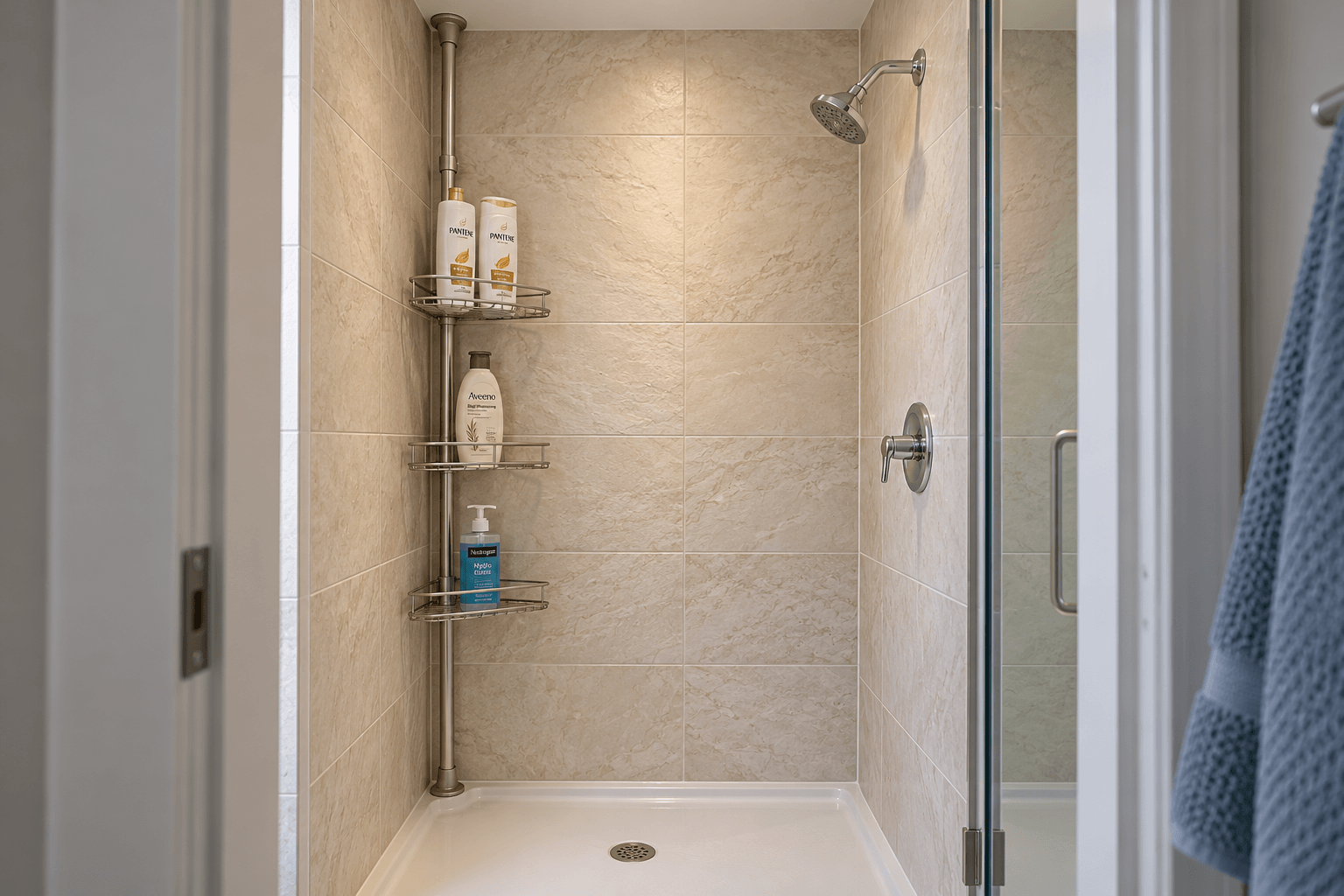 Small shower with textured ivory tiles and a floor-to-ceiling tension caddy holding toiletries beside a clear standing area.