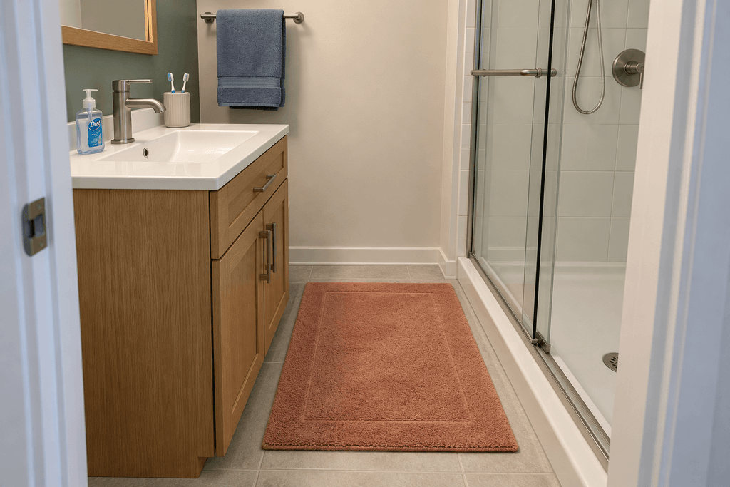 Terracotta bath mat lying flat between an oak vanity and a facing shower enclosure, with visible tile around its edges.