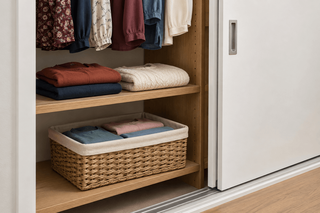 Folded tops and a cream knit sweater on an oak closet shelf, with a clothing basket below beside an open sliding door.