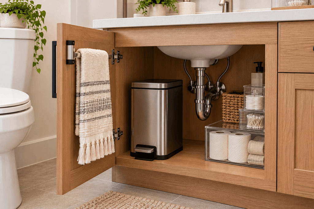Compact stainless steel bathroom trash can inside an open wooden vanity cabinet, with accessible plumbing and neatly organized bathroom supplies.