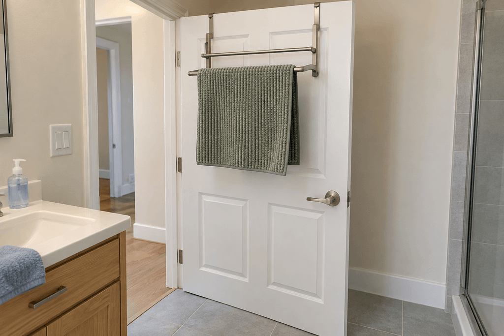 Sage-green bath mat draped over the projecting bar of a metal rack hooked over a white bathroom door, clear of the handle and floor.