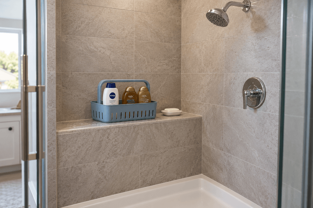 Blue handled shower caddy holding Nivea and OGX toiletries on a tiled ledge, with the shower floor clear.
