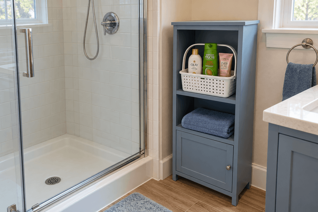 White toiletries basket on an open blue cabinet shelf beside a glass shower enclosure.