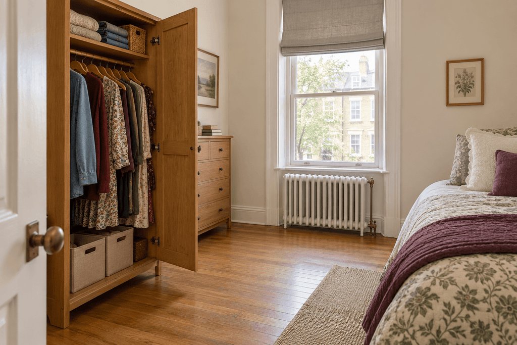 Open oak wardrobe and dresser along a bedroom side wall, with a clear floor area in front of the radiator beneath the window.