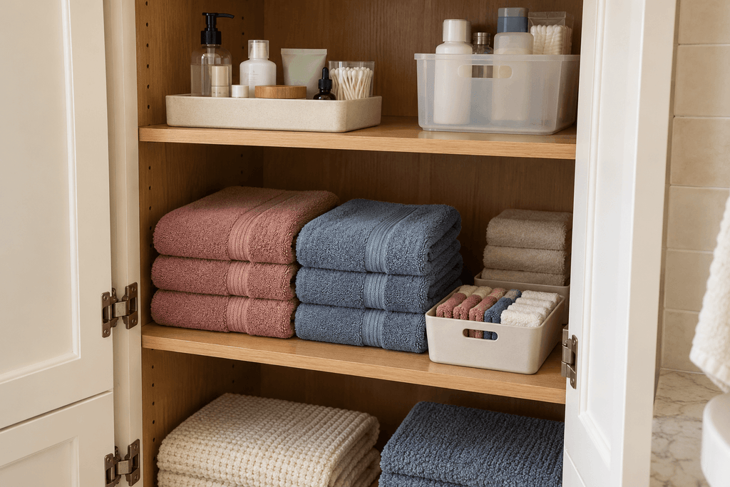 Deep bathroom cabinet with folded rose and blue towels, a washcloth bin, and toiletries on the shelf above.
