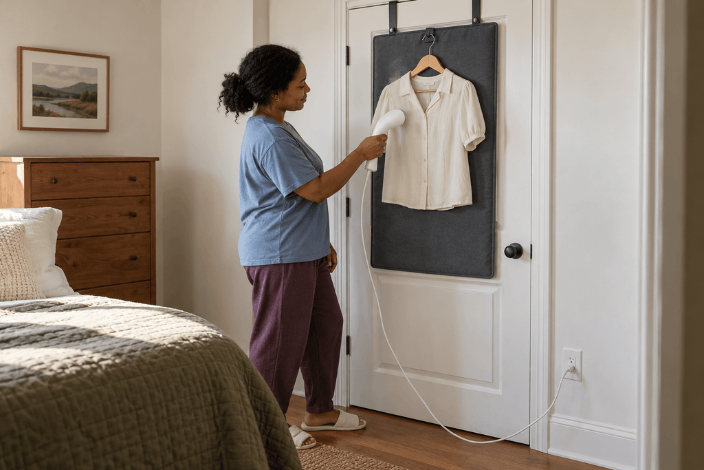 Woman in lounge clothes and house slippers steaming a cream blouse against a padded backing hung over a bedroom door.