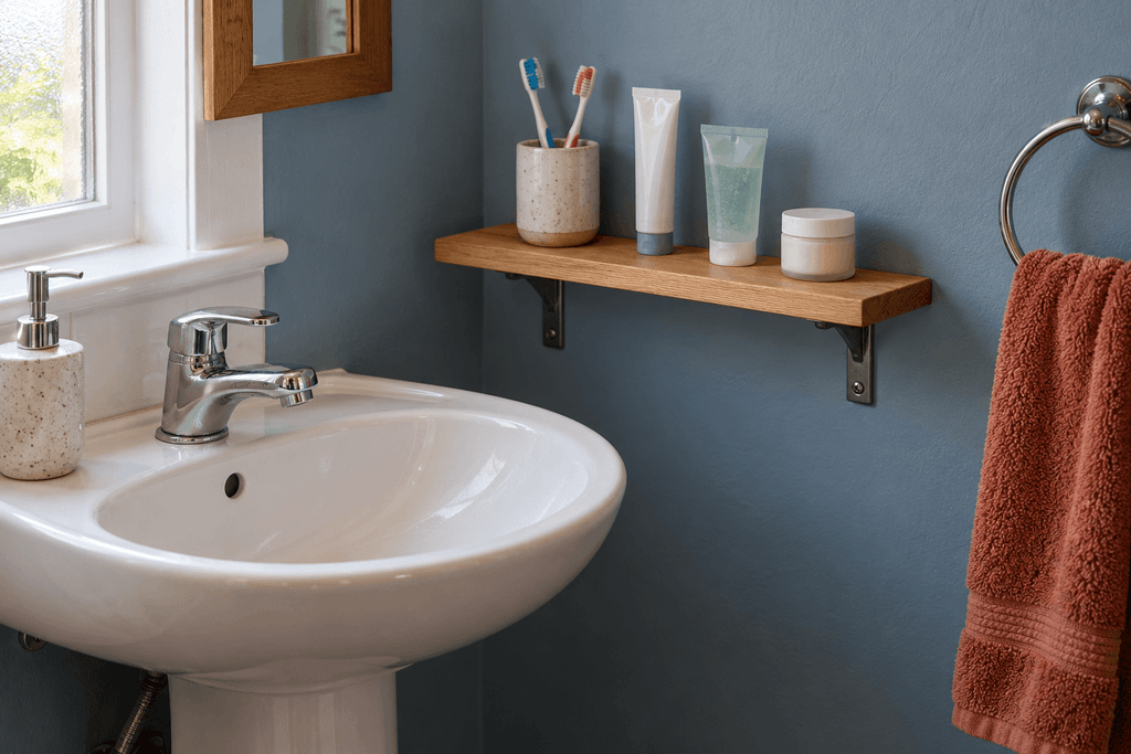 Shallow wooden shelf beside a pedestal sink holding toothbrushes, toothpaste, face wash, and moisturizer.