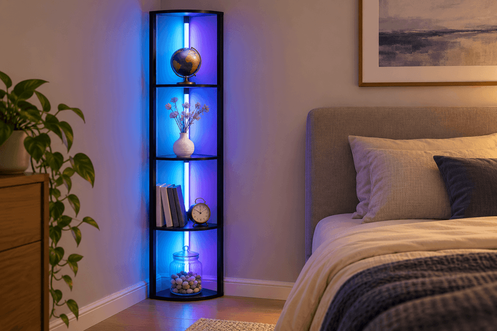 MITELSON smart floor lamp with four illuminated corner shelves casting blue and violet light beside a neutral bed.