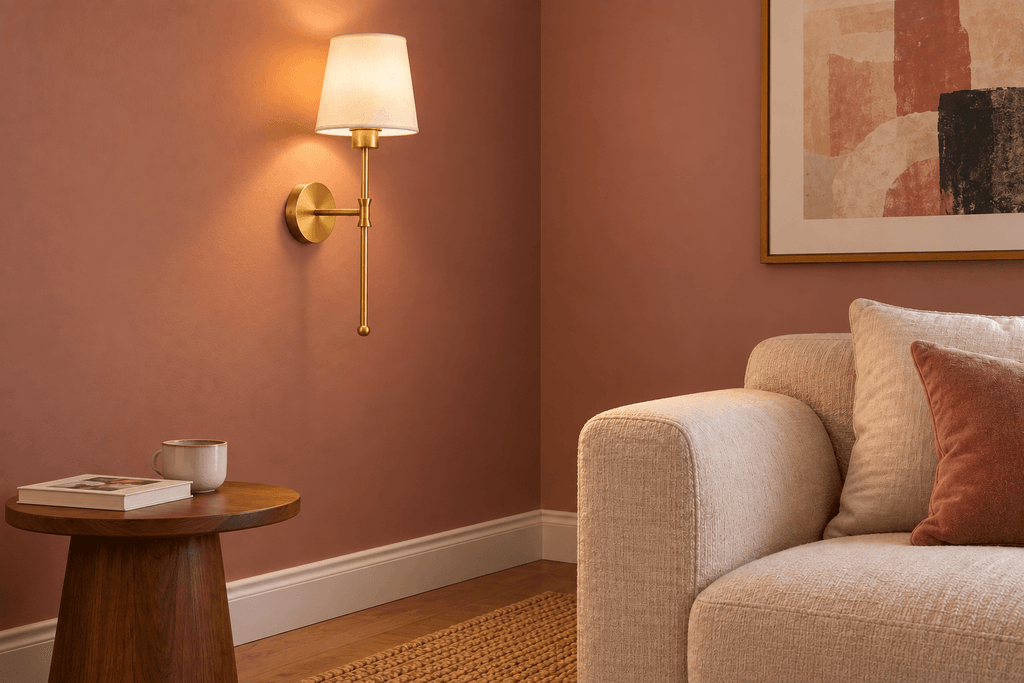 Gold Depuley cordless wall sconce mounted above a walnut side table beside a cream sofa, casting warm light on a dusty rose wall.