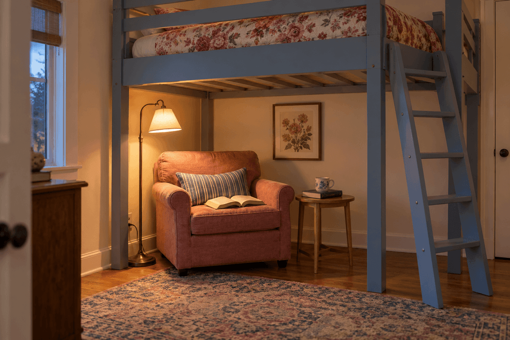 Rose upholstered reading chair beneath a blue loft bed, with a shaded floor lamp, open book and small wooden side table.