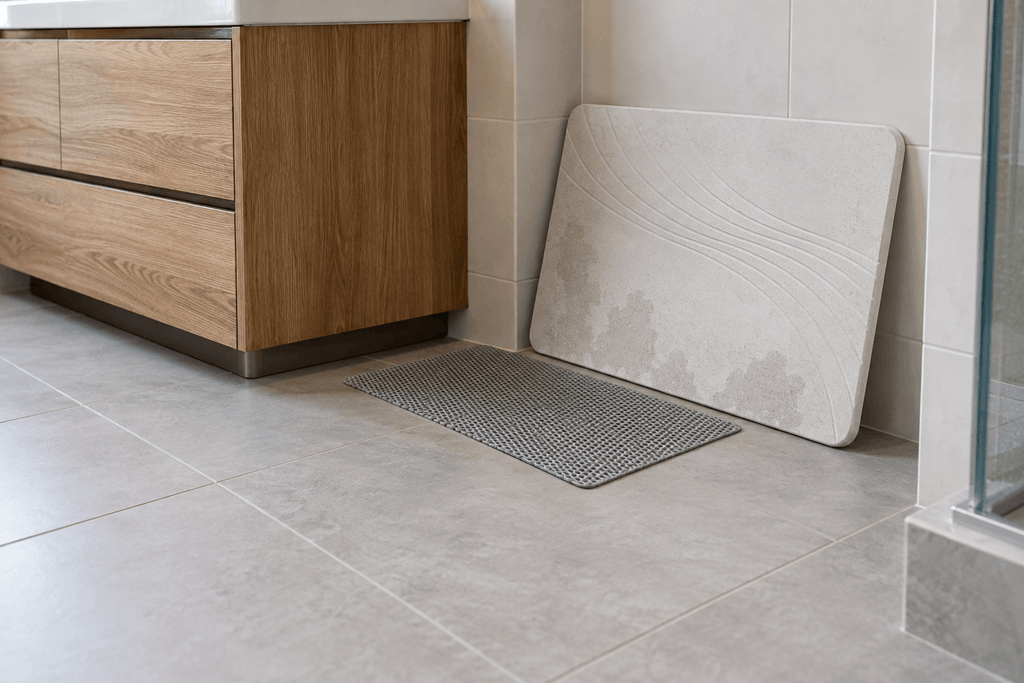 Rigid pale stone bath mat leaning against a tiled wall beside an oak vanity, with its separate mesh pad lying nearby.
