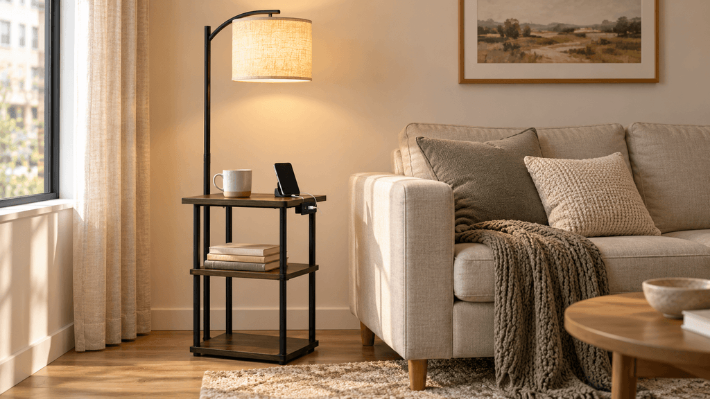 PESRAE floor lamp with a charging end table and three rustic-brown shelves beside a compact neutral sofa.