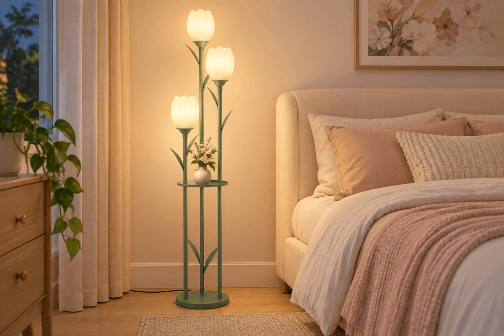 Sage-green Artmooy floor lamp with three glowing tulip shades and an integrated round shelf beside a softly styled neutral bed.