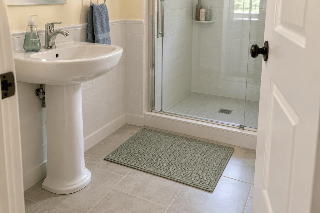 Small sage-green bath mat lying flat beside a white pedestal sink and outside a glass shower enclosure, with bare tile around its edges.