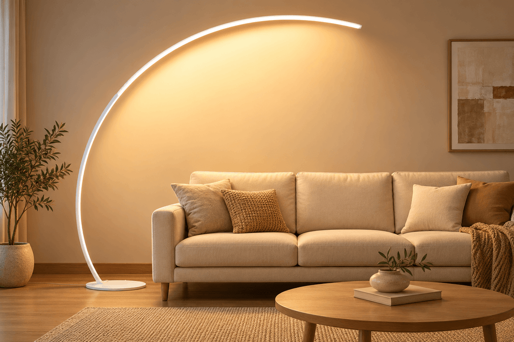 Torondo Ultra-Wide Arc Floor Lamp, styled over a sofa to show why its broad reach—not just its appearance—is the reason it made the list.
