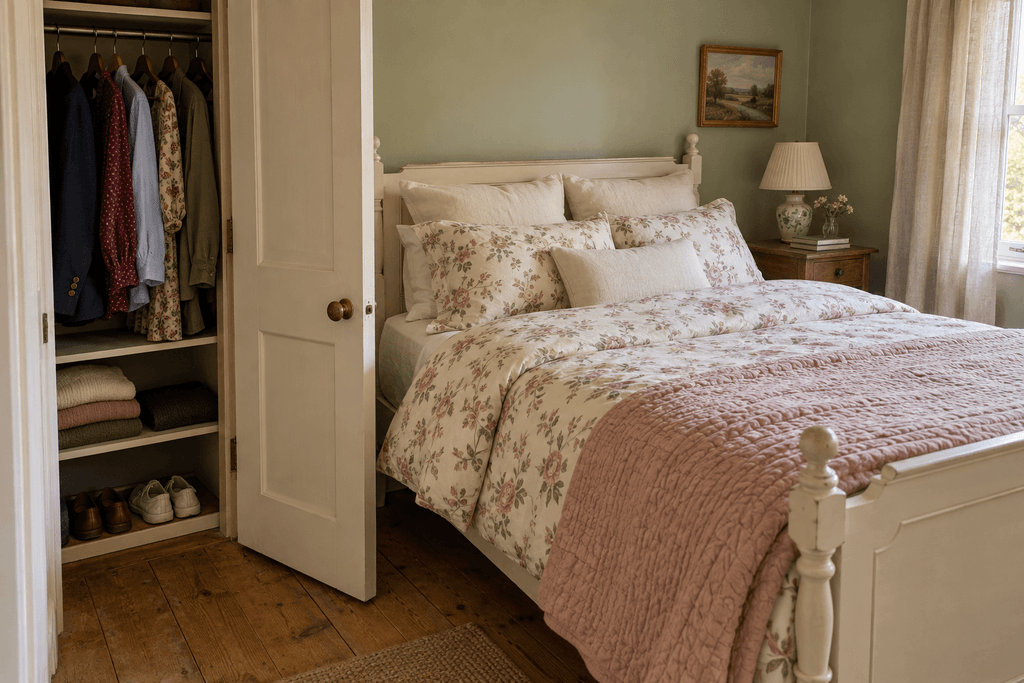Farmhouse bedroom with floral bedding and a blush textured coverlet beside a partly open closet containing hanging clothes, folded sweaters and shoes.