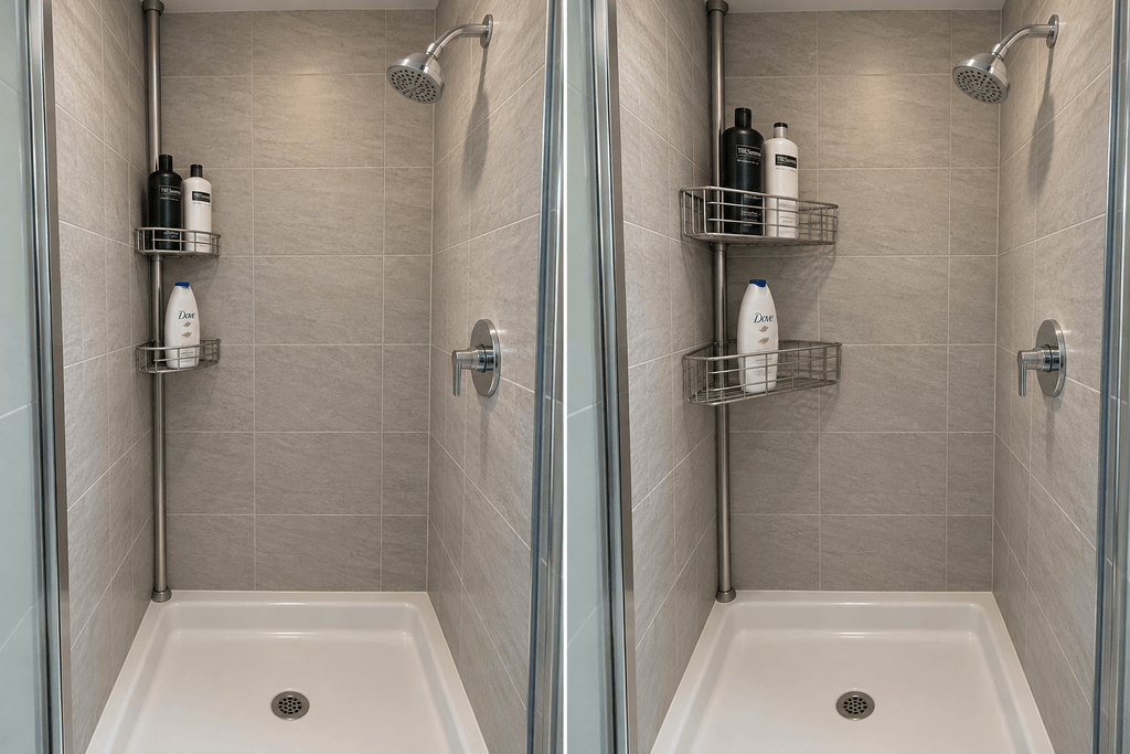 Side-by-side views of a compact shower with small corner baskets and larger baskets projecting farther into the enclosure.