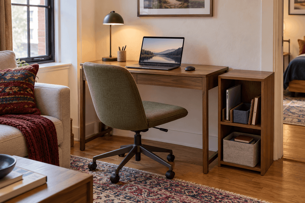 Shared desk with an open laptop, olive task chair and nearby cubbies holding a second laptop and separate storage bins.
