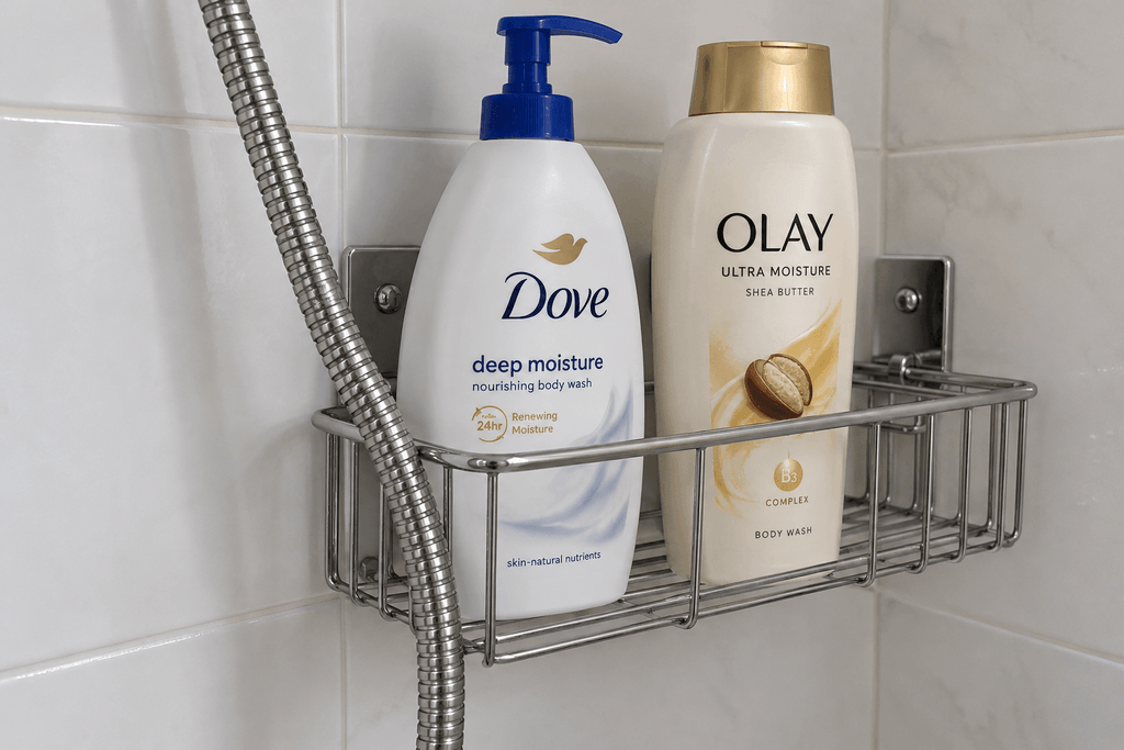 Silver shower hose resting against the edge of a wire basket holding Dove and Olay body wash.