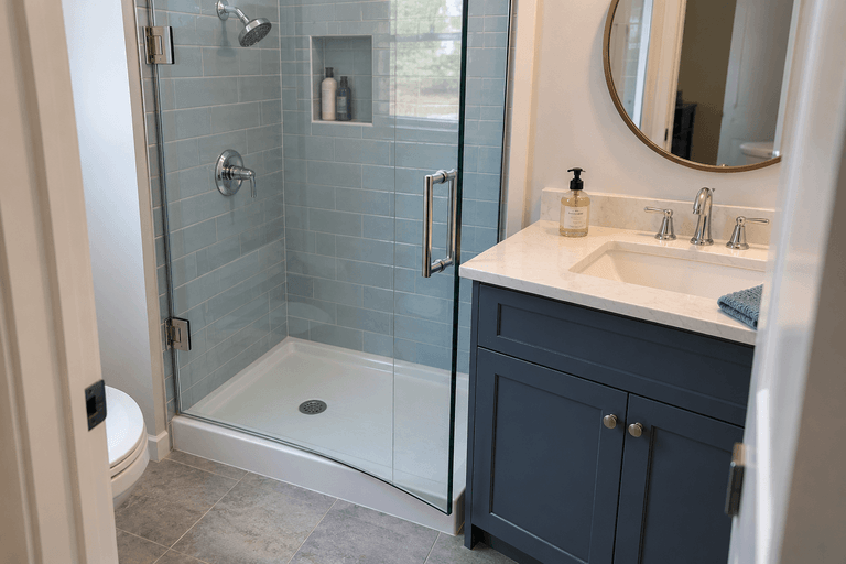 Partly open glass shower door with its outer edge close to the projecting corner of a blue vanity’s countertop.