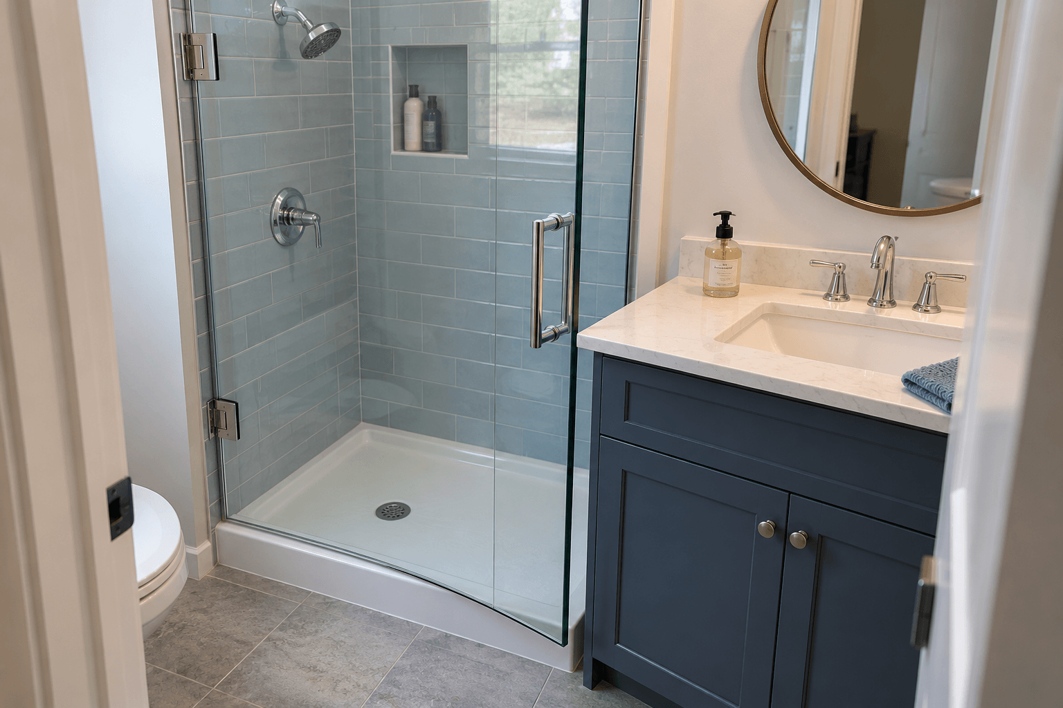 Partly open glass shower door with its outer edge close to the projecting corner of a blue vanity’s countertop.