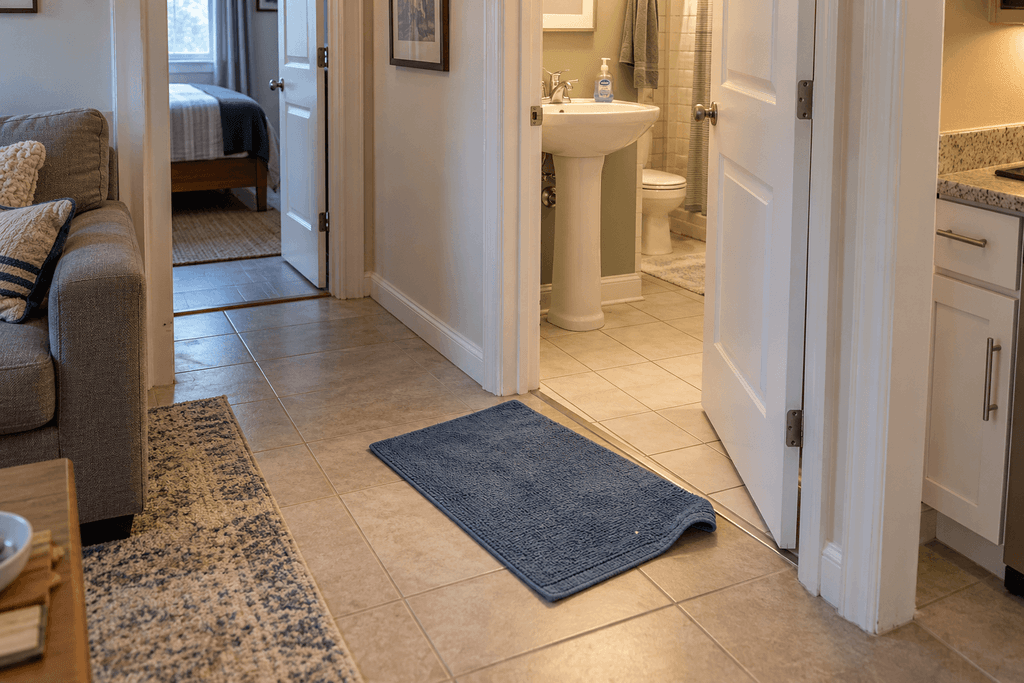 Blue bath mat sitting askew outside a bathroom doorway in a compact apartment, beside routes to the living room, kitchen and bedroom.