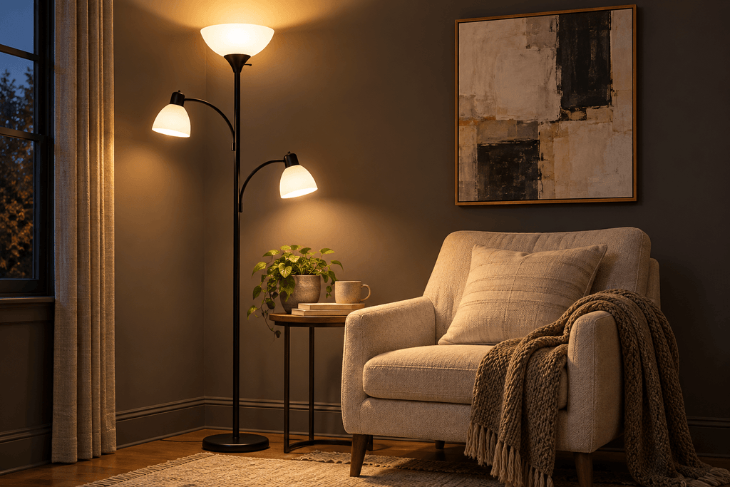 Brightech Sky Dome Double floor lamp lighting a dark reading corner with an uplight and two adjustable reading lamps.