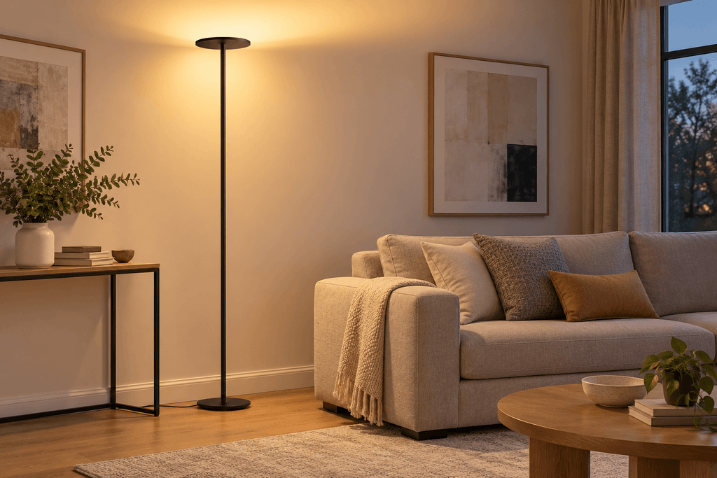 Brightech Sky LED Torchiere casting warm indirect light across a living room without an overhead fixture.