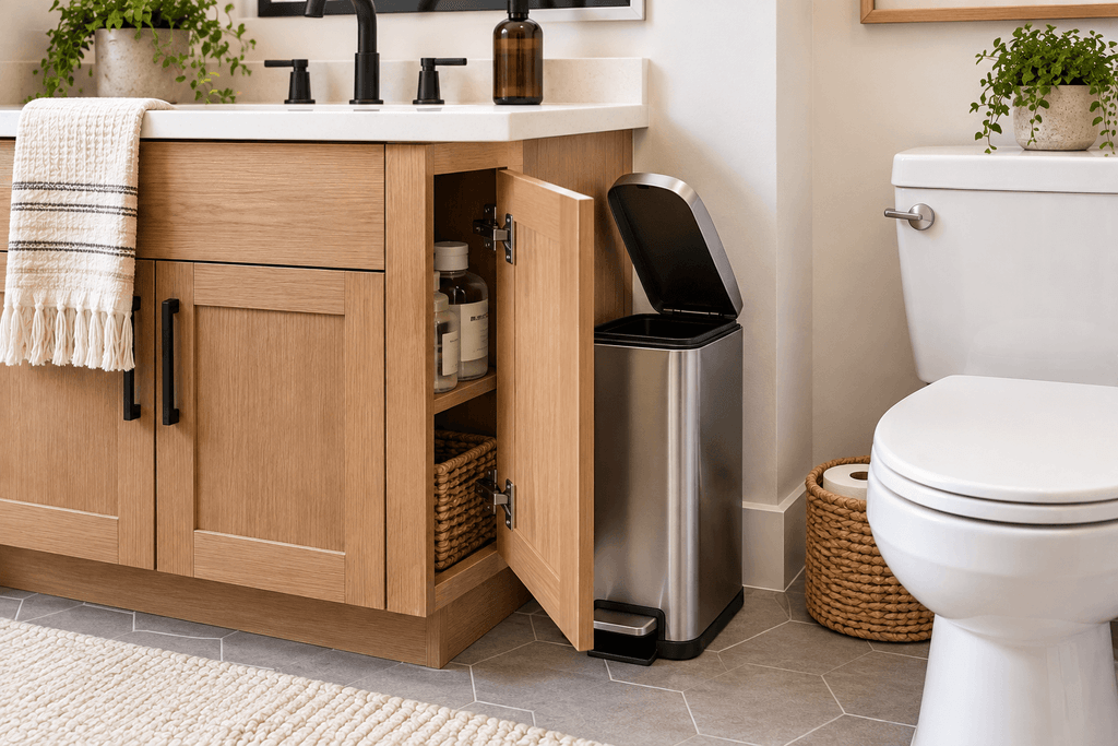 Slim stainless steel bathroom trash can with its lid open beside a wooden vanity, showing how the cabinet door can interfere with access.