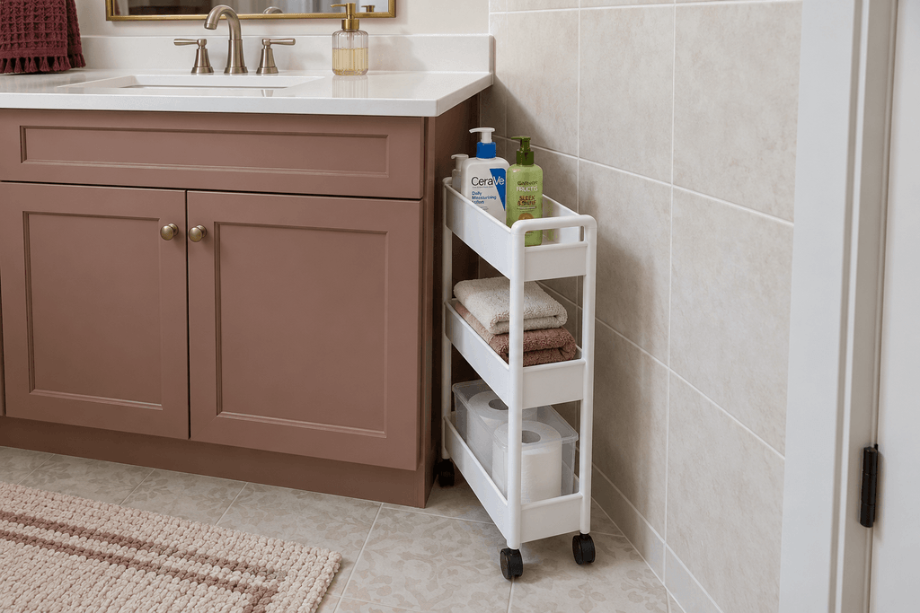 Slim white rolling cart partly pulled out beside a pink bathroom vanity, holding toiletries, folded washcloths and boxed toilet paper.