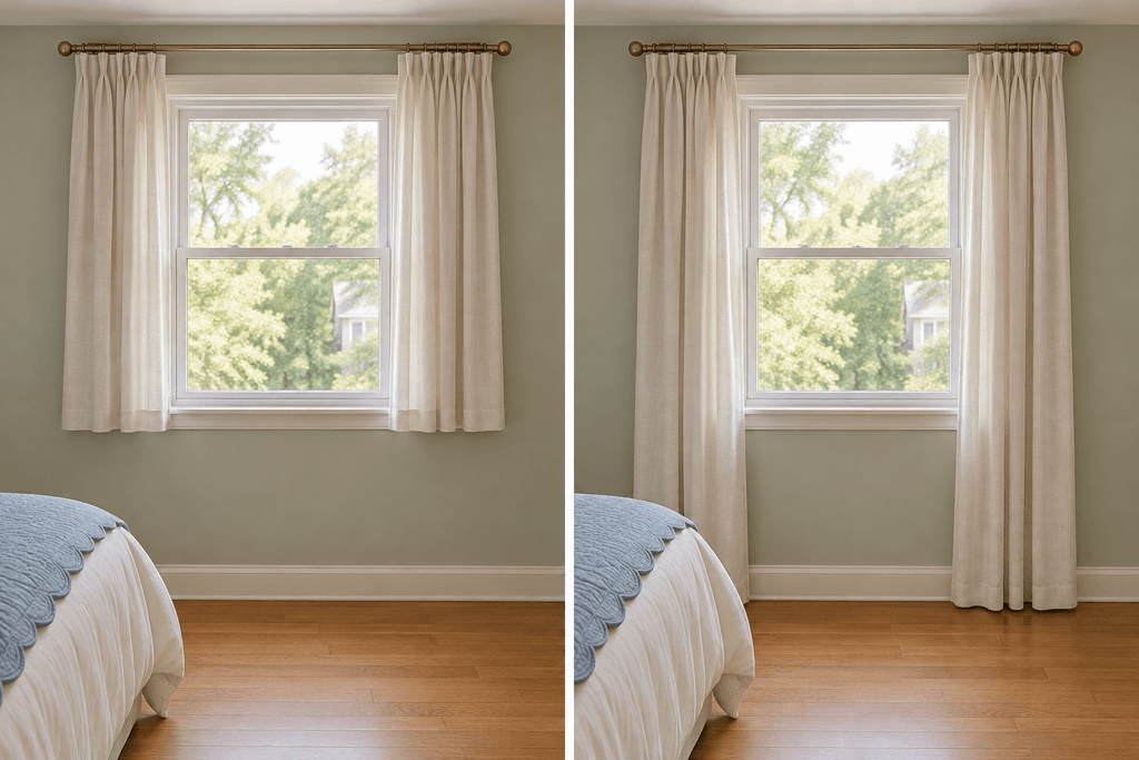 Side-by-side bedroom windows with sill-length ivory curtains on the left and floor-length curtains on the right.