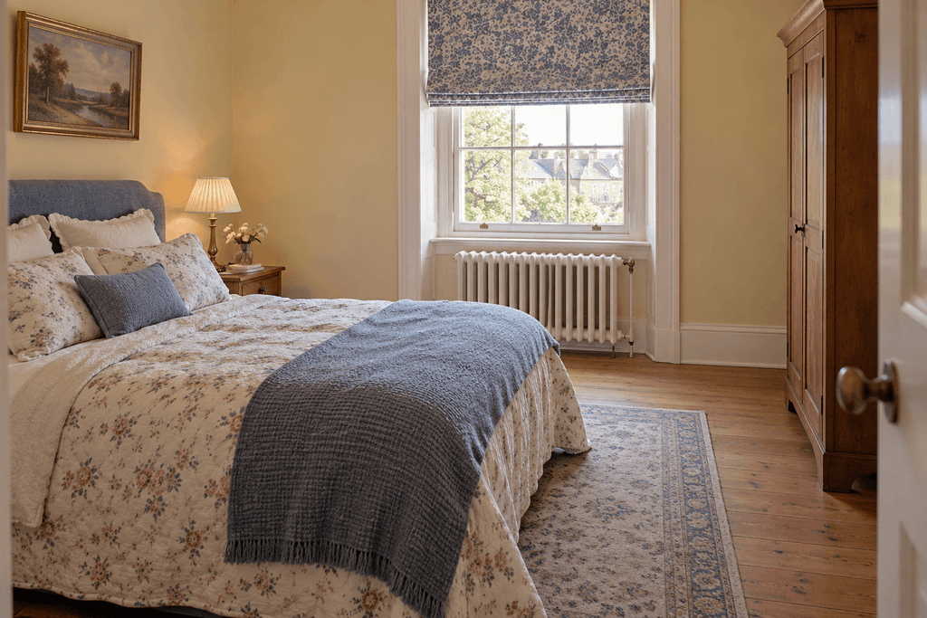 Small bedroom with floral bedding, a blue coverlet and a bed positioned on the wall beside an exposed radiator beneath the window.