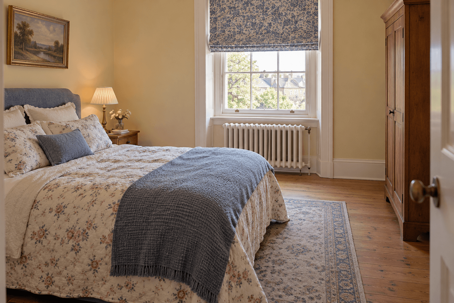 Small bedroom with floral bedding, a blue coverlet and a bed positioned on the wall beside an exposed radiator beneath the window.