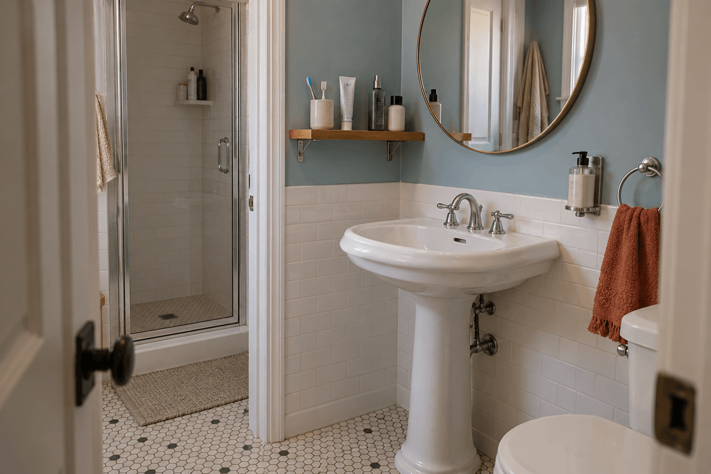 Small bathroom with a pedestal sink, shallow toiletry shelf, wall-mounted soap dispenser, and clear floor space.