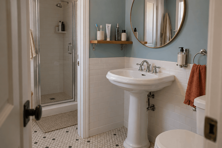 Small bathroom with a pedestal sink, shallow toiletry shelf, wall-mounted soap dispenser, and clear floor space.