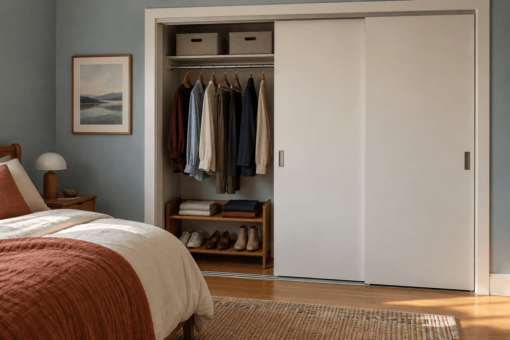 Small bedroom closet with overlapping sliding doors, hanging clothes, folded sweaters, and shoes visible through the left opening.