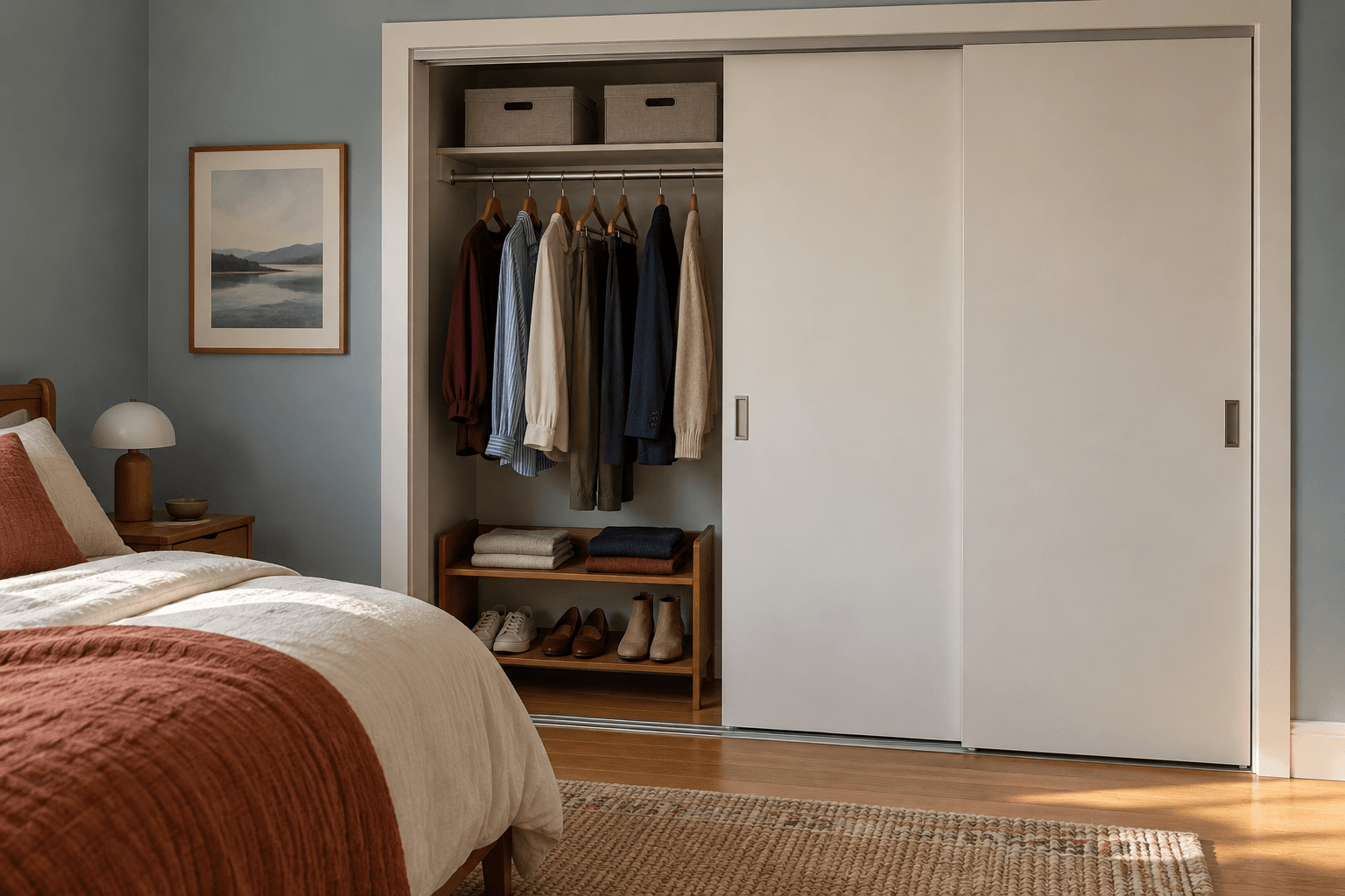 Small bedroom closet with overlapping sliding doors, hanging clothes, folded sweaters, and shoes visible through the left opening.