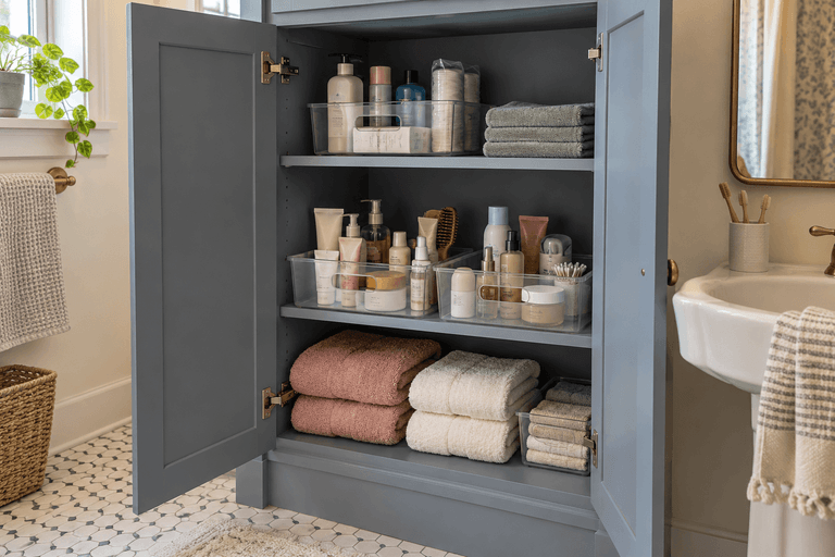 Open blue bathroom cabinet with clear toiletry bins, folded towels, and a small washcloth container.