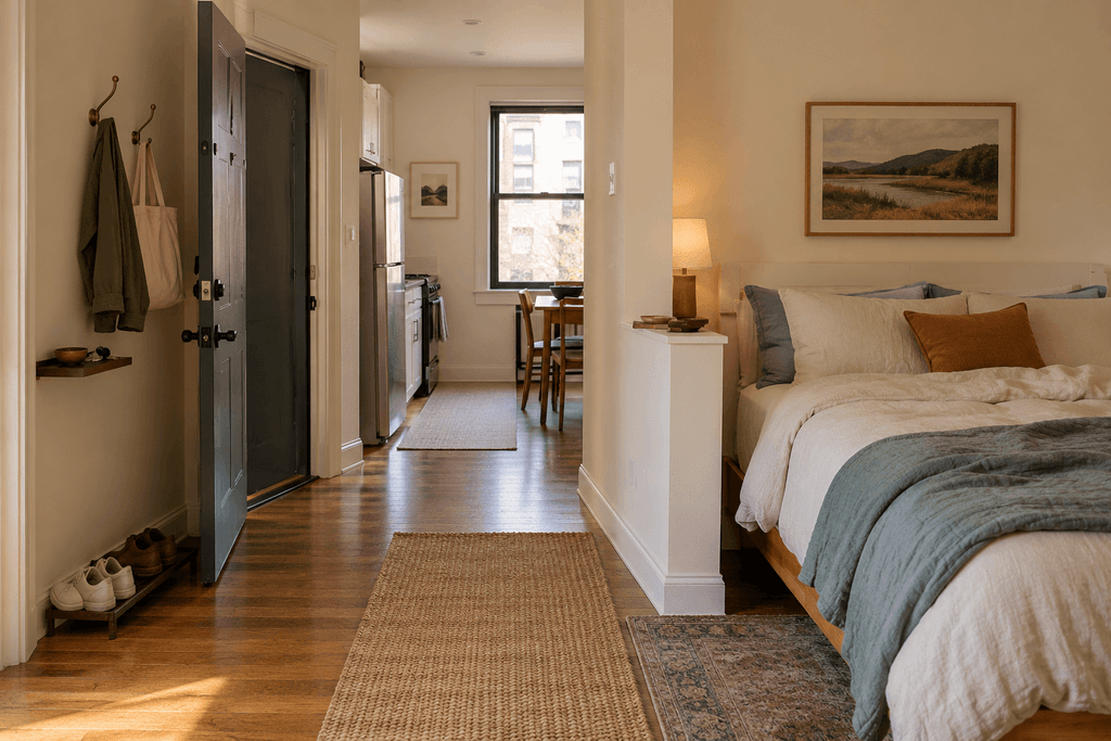 Studio apartment entrance beside a bed, with wall hooks, a small key shelf, shoe storage and a clear walkway toward the kitchen.