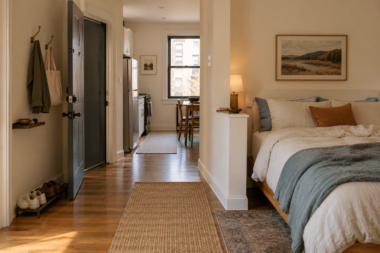 Studio apartment entrance beside a bed, with wall hooks, a small key shelf, shoe storage and a clear walkway toward the kitchen.